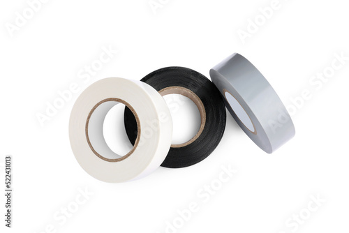 Colorful insulating tapes on white background, top view
