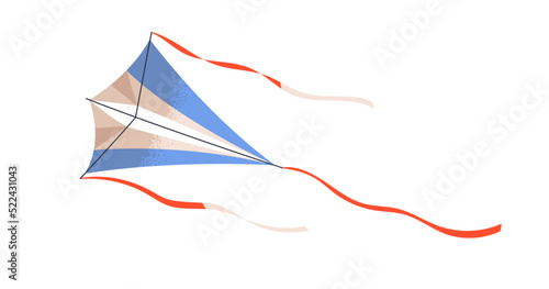 Wind air paper kite toy, flying tethered object with wings of diamond shape design. Kids summer entertainment. Flat vector illustration isolated on white background