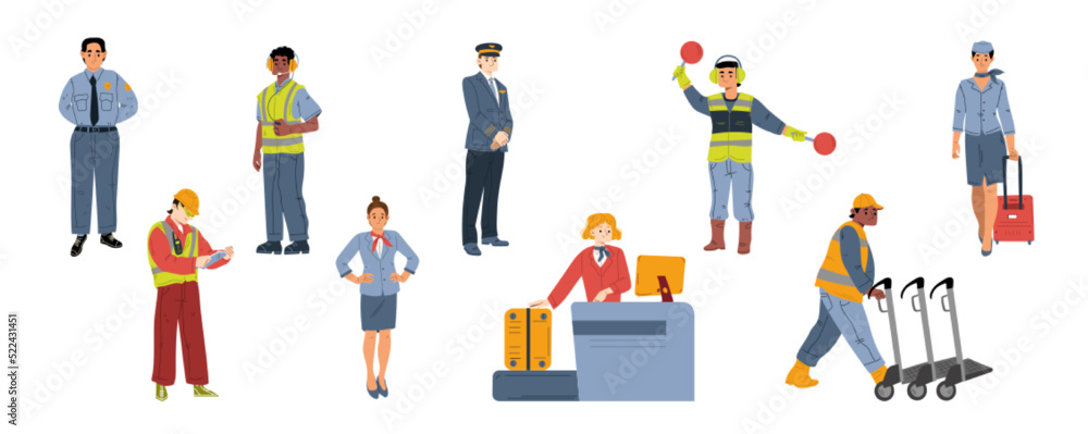Airport staff pilot, air traffic controller with light signals, check-in and scanner employee, security, stewardess or air hostess women, loader worker with trolley, Line art flat vector illustration Airport staff pilot, air traffic controller with light signals, check-in and scanner employee, security, stewardess or air hostess women, loader worker with trolley, Line art flat vector illustration