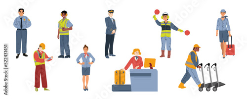 Airport staff pilot, air traffic controller with light signals, check-in and scanner employee, security, stewardess or air hostess women, loader worker with trolley, Line art flat vector illustration