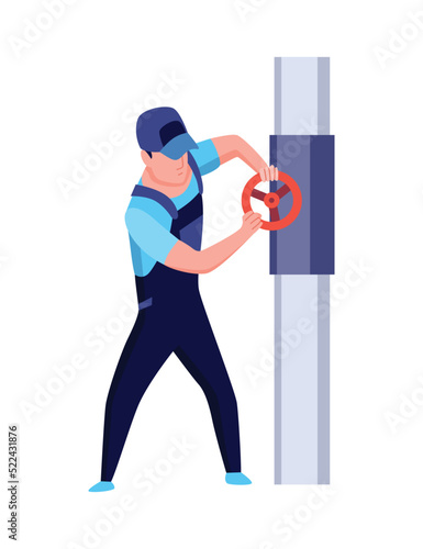 Plumber. Professional plumbing work service. Cartoon handymen covers the pipe. Repair service and maintenance concept. Water service installing and supply
