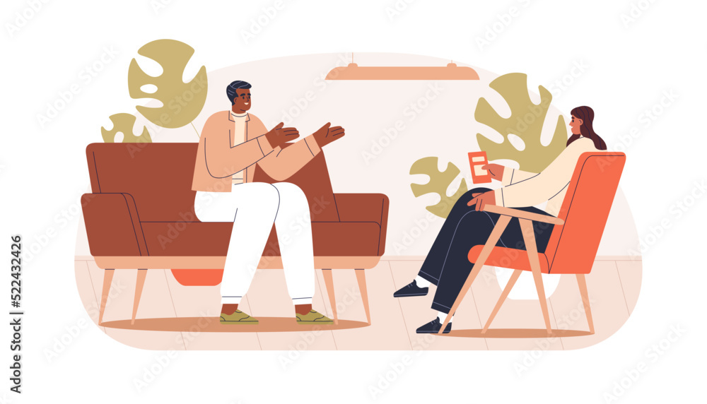 Celebrity guest talking to host at TV interview show. Happy black man and woman interviewer conversation, communication, dialog in studio. Flat vector illustration isolated on white background