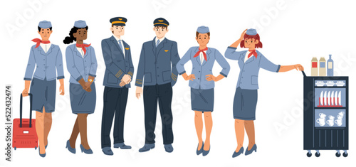 Airplane crew pilot, assistant and stewardesses with luggage and food trolley. Aircraft staff, in uniform, professional team of workers male and female characters, Line art flat vector illustration