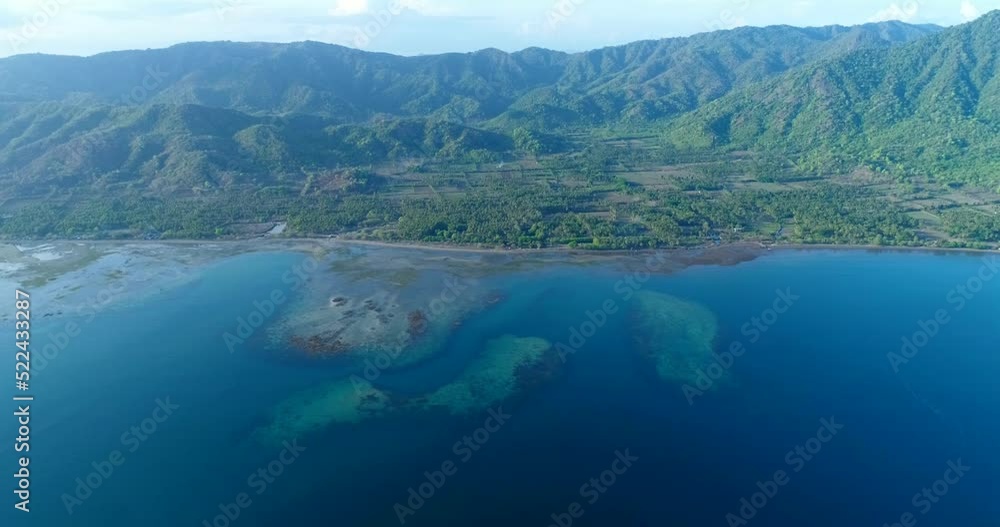 Aerial shot of colorful reef, coconut plantation and mountain background Aerial shot of colorful reef, coconut plantation and mountain background