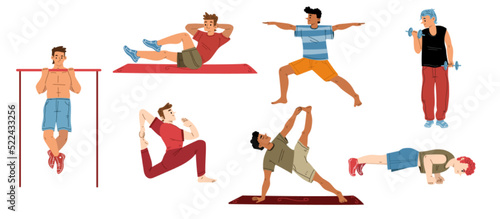 Man exercise, yoga, male characters workout in gym with dumbbells, sportsman doing gymnastics and asana, pumping press, stand on fists and pull up on crossbar, Line art flat vector illustration, set