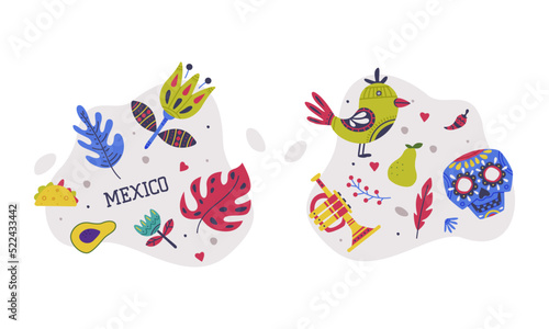 Set of Mexican traditional culture elements cartoon vector illustration