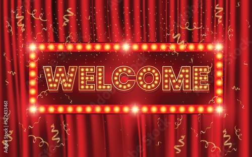 Welcome banner. Welcome neon retro 3d classic banner on red curtains background realistic vector 