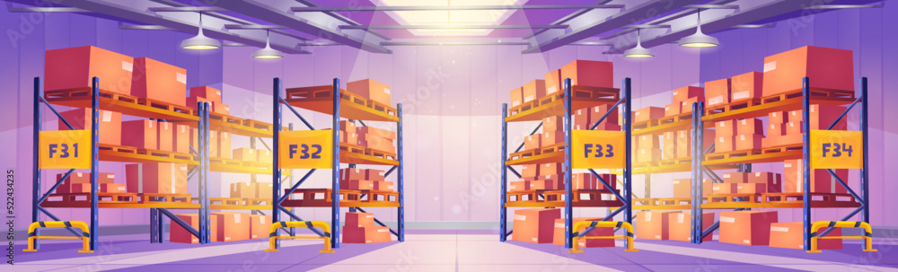 Warehouse interior storehouse inner view, racks filled with boxes on palettes, equipment for stock products storage. Logistics, cargo and goods delivery, postal service, Cartoon vector illustration