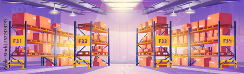 Warehouse interior storehouse inner view, racks filled with boxes on palettes, equipment for stock products storage. Logistics, cargo and goods delivery, postal service, Cartoon vector illustration