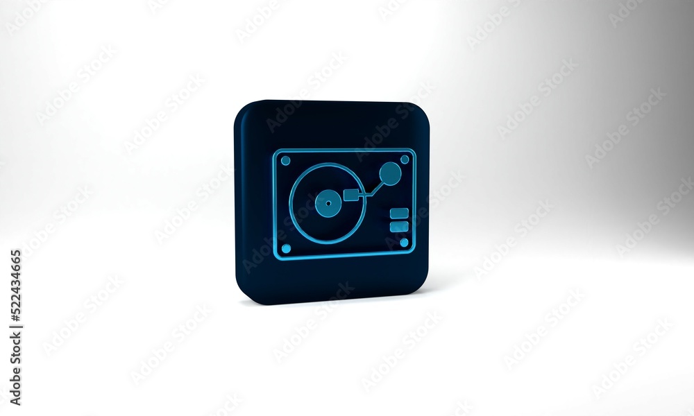 Blue Vinyl player with a vinyl disk icon isolated on grey background. Blue square button. 3d illustration 3D render