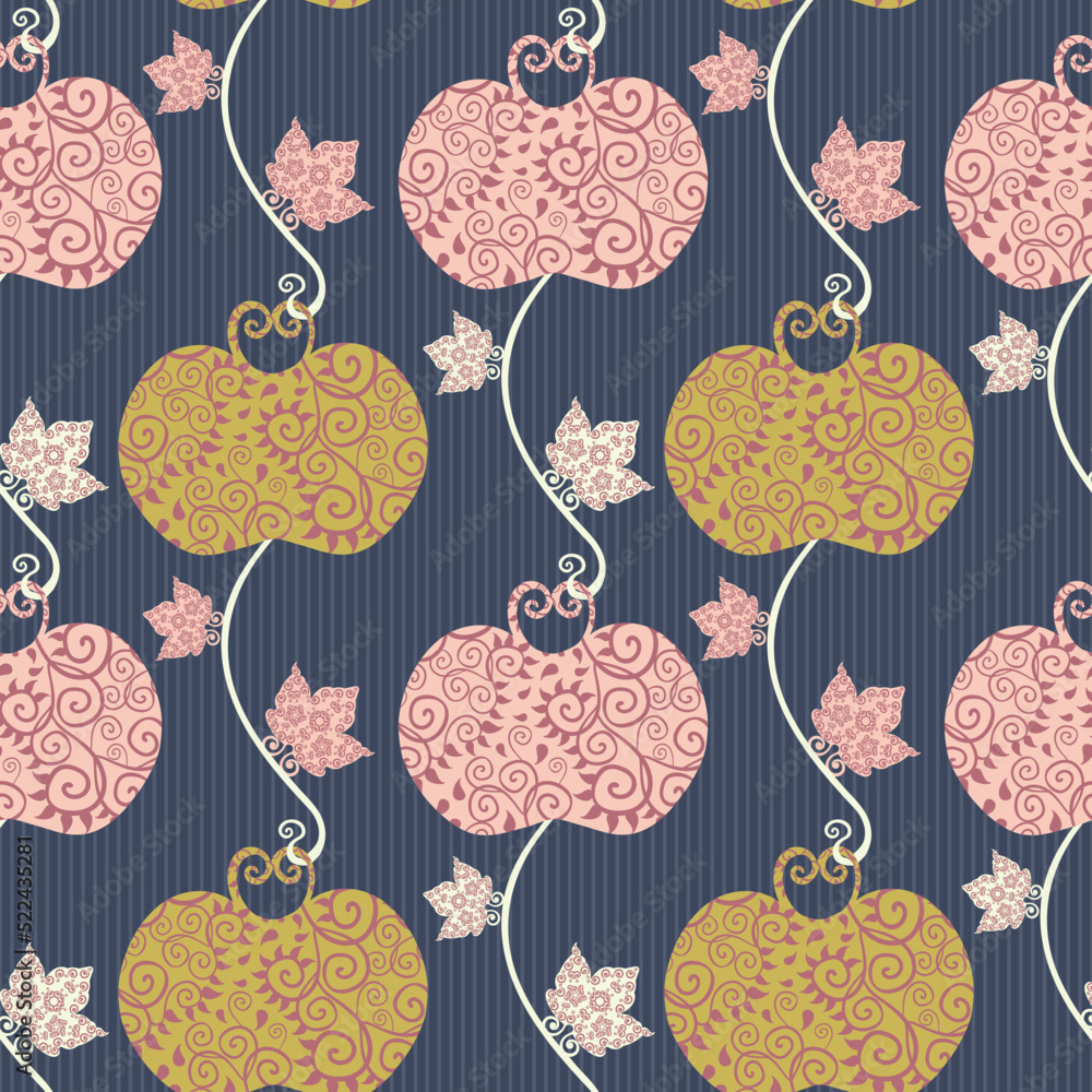 Elegant stylized apple and leaf seamless vector pattern background.Vintage stencil style gold pink apples and leaves on blue backdrop. Fruit and foliage trailing vertical layout orchard garden repeat