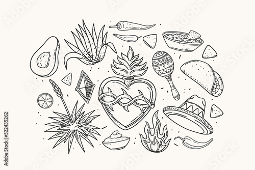 Large set of traditional Mexican symbols in linear style. Drawn agave, heart, sombrero, maracas, taco flatbread, avocado, fire, guacamole sauce, jalapeno pepper. Vector illustration.