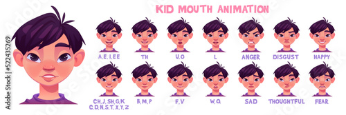 Kid mouth animation with different facial expressions. Little asian boy cartoon character lip sync sound pronunciation and language phoneme, mouth talk and emotions chart, Vector illustration set