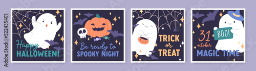 Happy Halloween cards set. Helloween postcards designs with cute funny baby ghost, pumpkin, web for creepy spooky holiday night. Childish flat graphic vector illustrations isolated on white background
