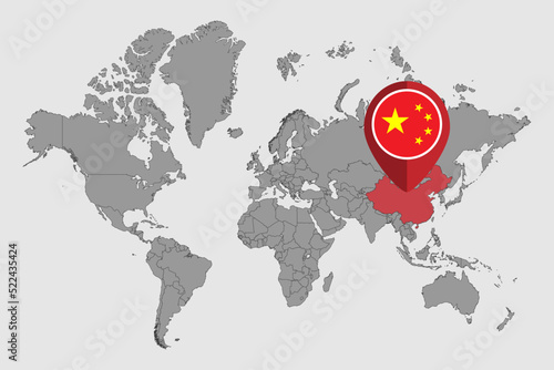Pin map with China flag on world map.Vector illustration.