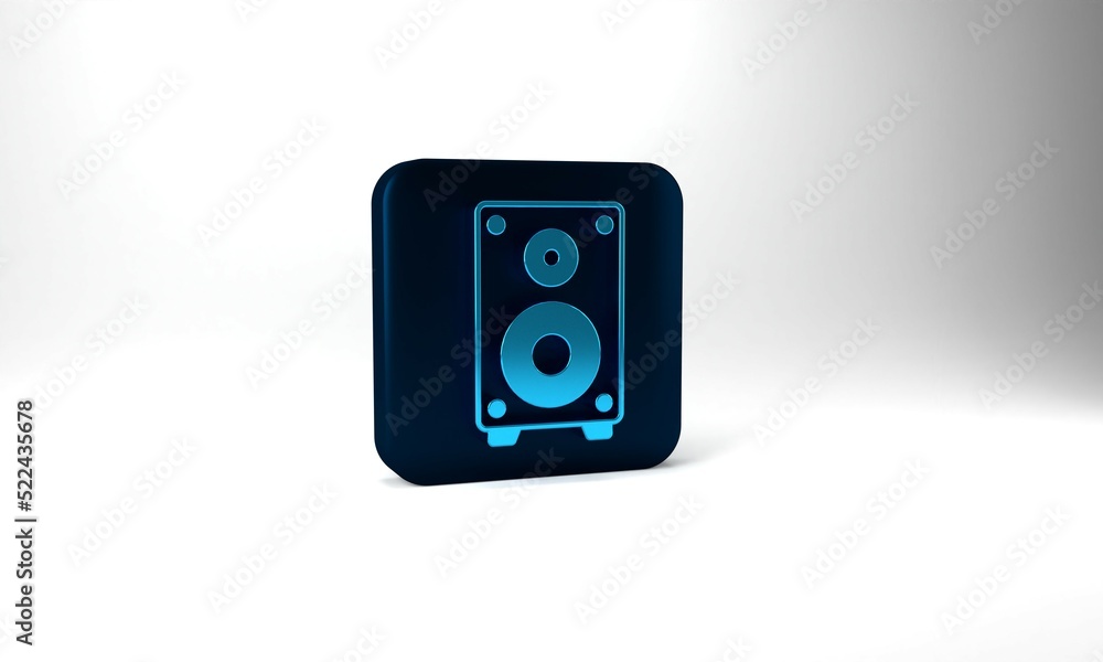 Blue Stereo speaker icon isolated on grey background. Sound system speakers. Music icon. Musical column speaker bass equipment. Blue square button. 3d illustration 3D render Blue Stereo speaker icon isolated on grey background. Sound system speakers. Music icon. Musical column speaker bass equipment. Blue square button. 3d illustration 3D render