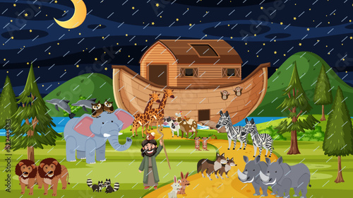 Forest scene with Noah's ark with animals