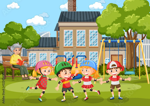 Children playing in front of school playground