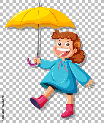 Happy girl wearing raincoat holding umbrella on grid background