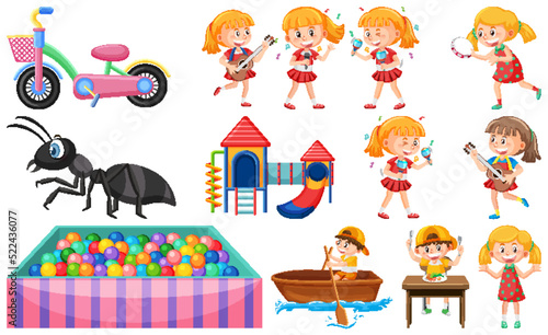 Set of cute kids and objects