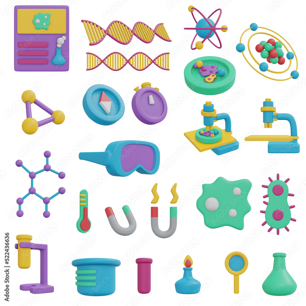 3D Rendering of set of science items back to school cute element isolated on background. 3d render illustration cartoon style. 3D Rendering of set of science items back to school cute element isolated on background. 3d render illustration cartoon style.