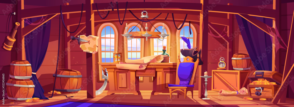 Pirate capitan ship cabin. Wooden room interior, game background with corsair stuff and items. Table with bottle of rum, map, treasure chest, cocked hat and spyglass, Cartoon vector illustration