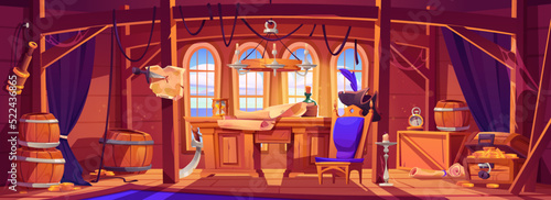 Pirate capitan ship cabin. Wooden room interior, game background with corsair stuff and items. Table with bottle of rum, map, treasure chest, cocked hat and spyglass, Cartoon vector illustration © klyaksun