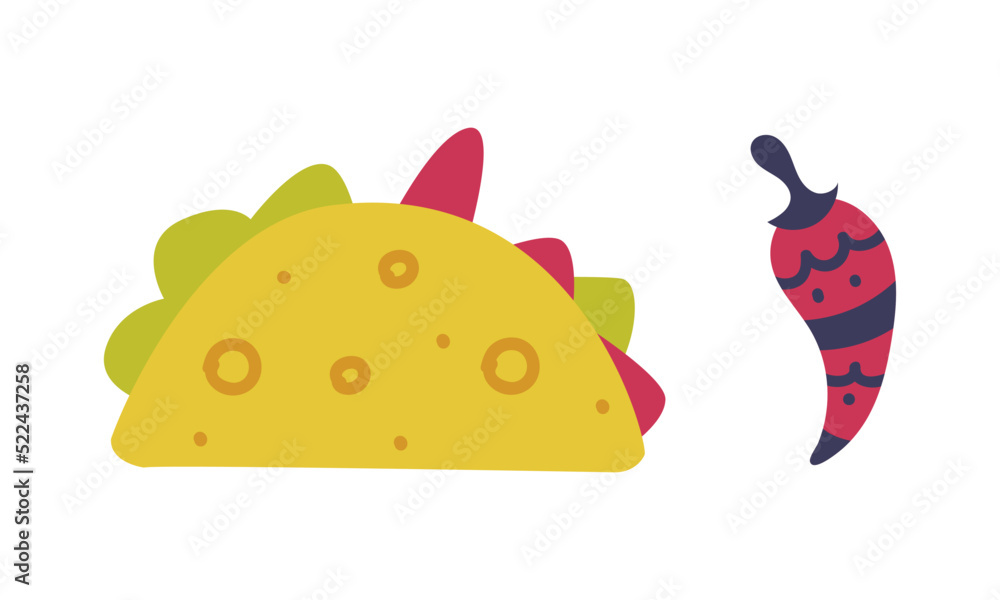 Taco with meat and vegetable and chili pepper cartoon vector illustration Taco with meat and vegetable and chili pepper cartoon vector illustration