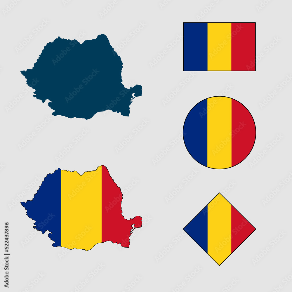 Obraz premium Vector of Romania country outline silhouette with flag set isolated on white background. Collection of Romania flag icons with square, circle, rectangle and map shapes.