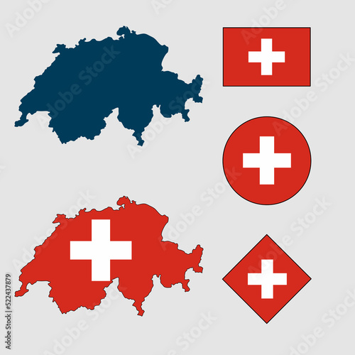 Vector of Switzerland map flag silhouette with flag set isolated on white background. Collection of Swiss flag icons with square, circle, rectangle and map shapes.