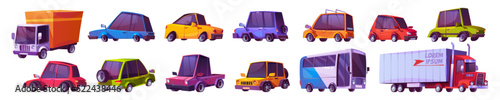 Cartoon cars set, modern automobiles, bus, freight truck, lorry, refrigerator transportation modes. Isolated auto vehicles passenger motor cars with sedan or hatchback cab Cartoon vector illustration