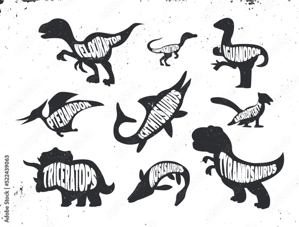 Set of silhouette of dinosaurs with lettering. 