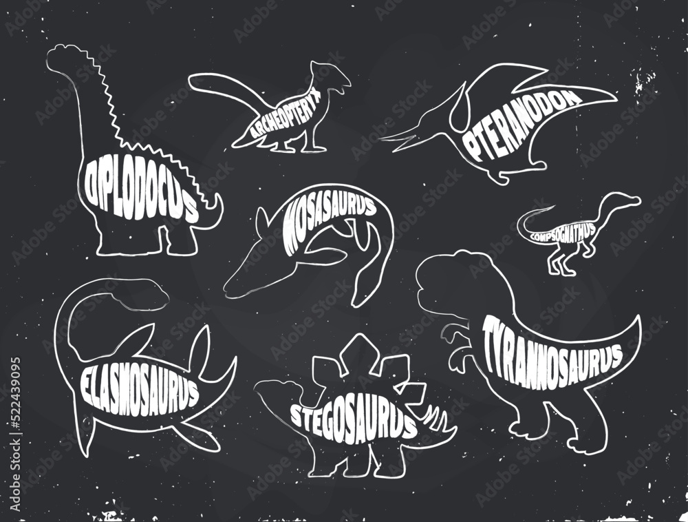 A set of chalk outlines of white dinosaurs with inscriptions on a chalkboard background. Vector illustration