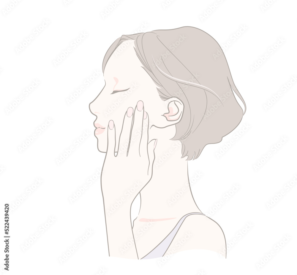 頬に手を添える横顔の女性 - 美容　スキンケア　ナチュラル　ショートボブ