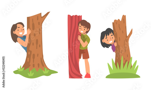 Kids playing hide and seek set. Cute children hiding behind trees in park cartoon vector illustration