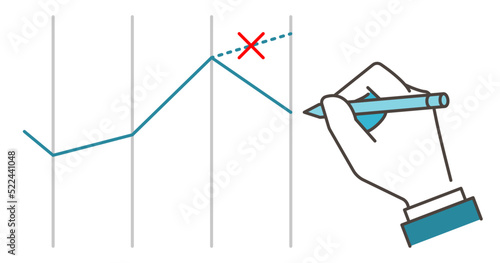 Vector illustration of a hand redrawing a line graph of business performance for downward revision