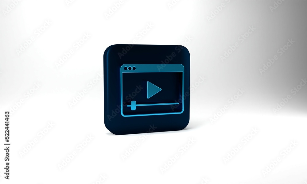 Blue Online play video icon isolated on grey background. Film strip with play sign. Blue square button. 3d illustration 3D render Blue Online play video icon isolated on grey background. Film strip with play sign. Blue square button. 3d illustration 3D render