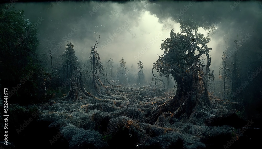 Dark creepy forest with fog. Fantastic night landscape, ominous