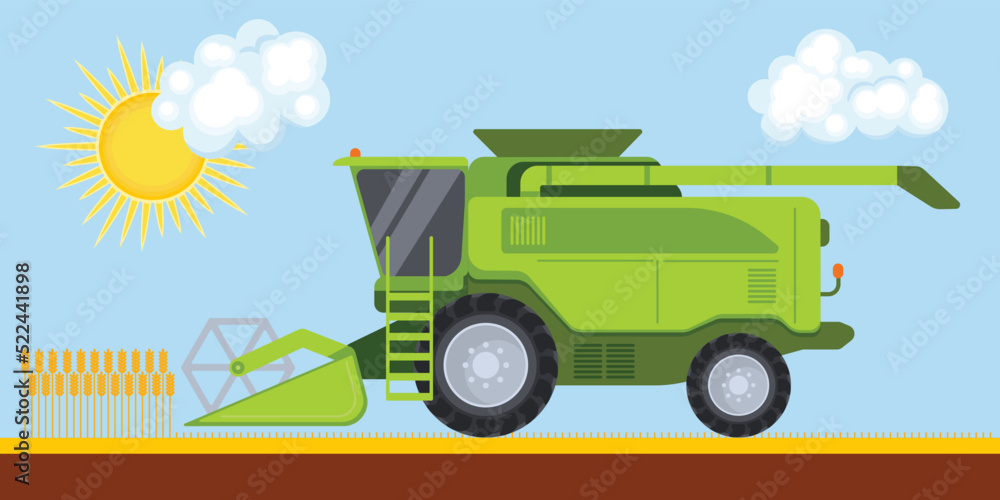 Obraz premium Harvester combine on field. Vector illustration in flat style. Harvesting wheat agriculture business concept. Agriculture crop harvest.