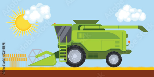 Harvester combine on field. Vector illustration in flat style. Harvesting wheat agriculture business concept. Agriculture crop harvest.