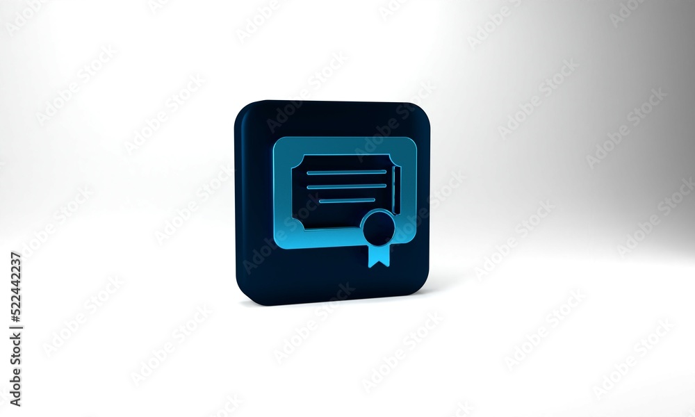 Blue Certificate template icon isolated on grey background. Achievement, award, degree, grant, diploma concepts. Blue square button. 3d illustration 3D render Blue Certificate template icon isolated on grey background. Achievement, award, degree, grant, diploma concepts. Blue square button. 3d illustration 3D render