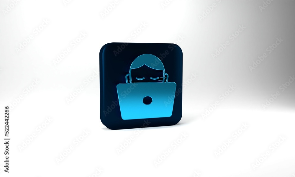 Blue Student working at laptop icon isolated on grey background. Workplace concept. Blue square button. 3d illustration 3D render Blue Student working at laptop icon isolated on grey background. Workplace concept. Blue square button. 3d illustration 3D render