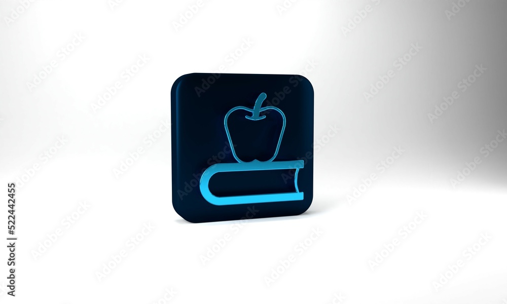 Blue Book with apple icon isolated on grey background. Blue square button. 3d illustration 3D render