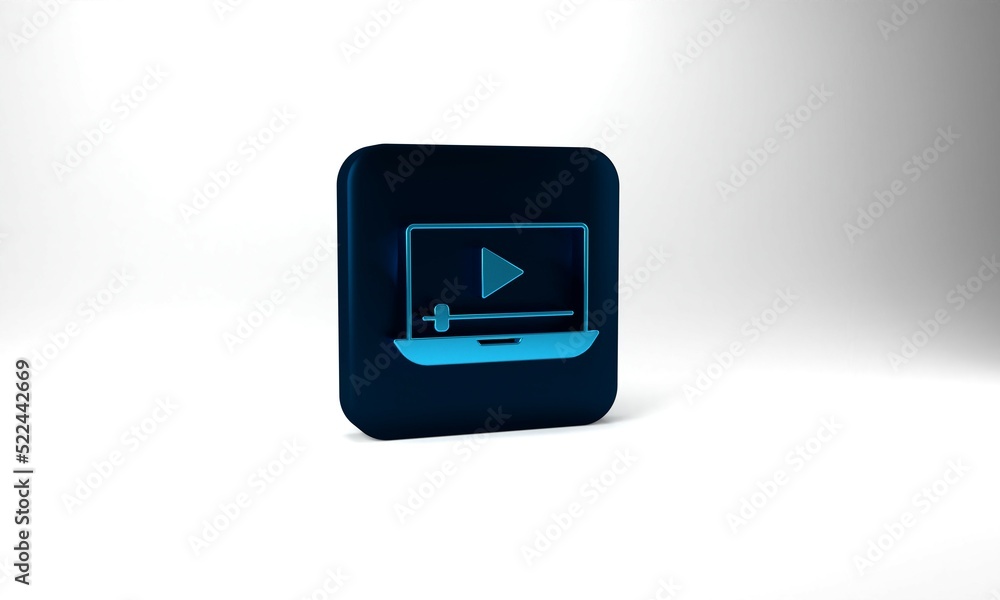 Blue Online play video icon isolated on grey background. Laptop and film strip with play sign. Blue square button. 3d illustration 3D render Blue Online play video icon isolated on grey background. Laptop and film strip with play sign. Blue square button. 3d illustration 3D render