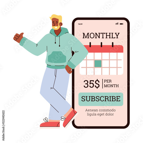 Bearded man recommends subscription flat style, vector illustration
