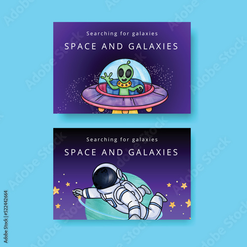 Facebook template with kids explore galaxy concept,watercolor style