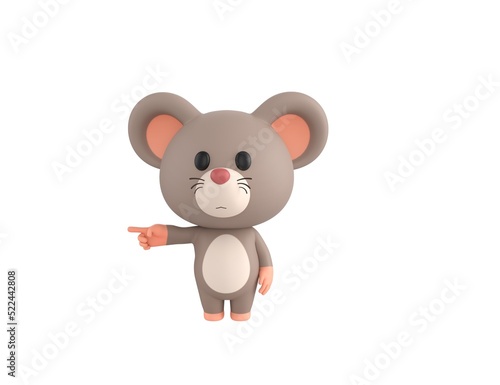 Little Rat character pointing his finger to the left in 3d rendering.