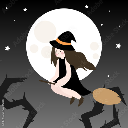 Illustration of a witch flying in the night.