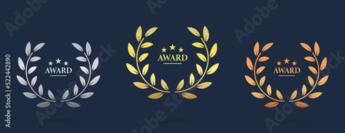 Gold Bronze Silver Champion Prize Chaplet Achievement Silhouette Icon Set on Dark Background. Laurel Wreath Twig Leaf Olive Branch Reward Pictogram. Victory Emblem. Isolated Vector Illustration