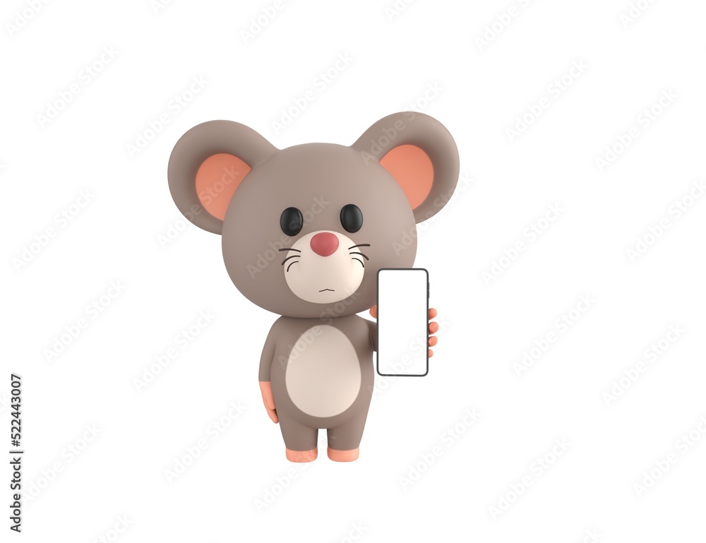 Fototapeta premium Little Rat character showing his phone in 3d rendering.